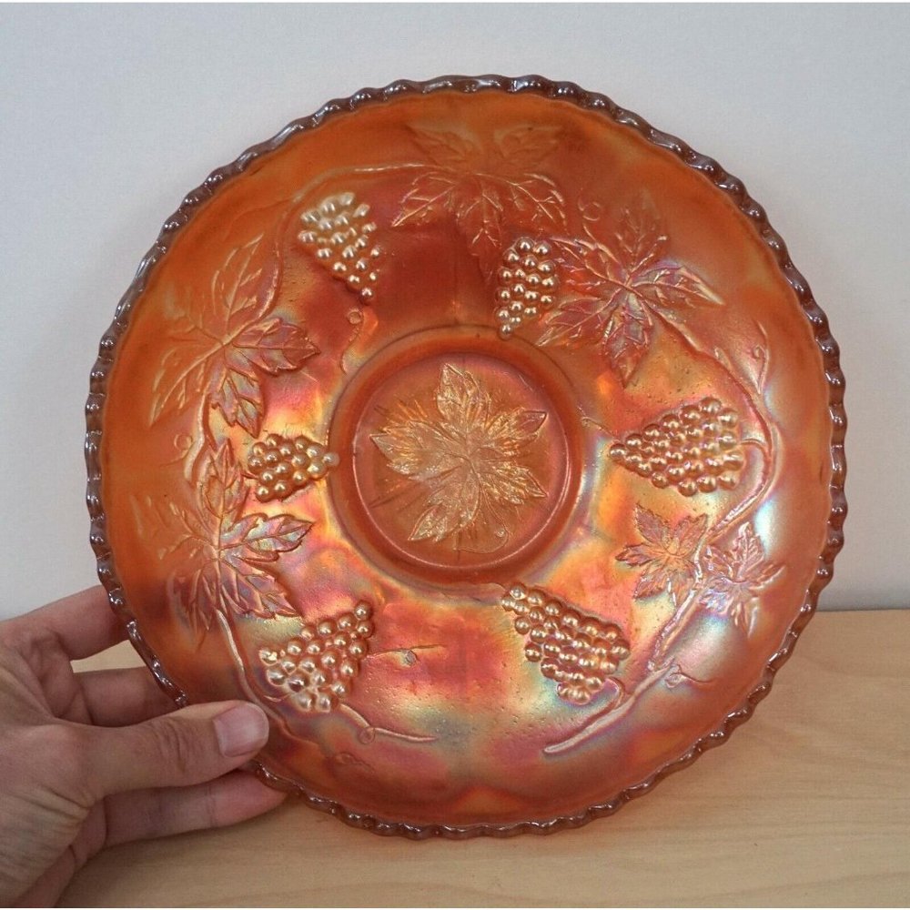 Fenton Marigold Carnival Glass Orange 9.25" Iridescent Leaf Grape Glass Bowl